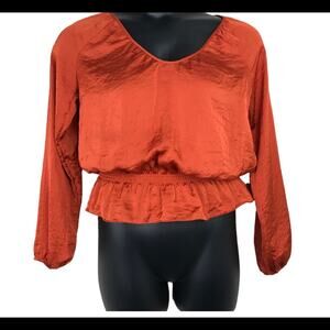 MICHAEL MICHAEL KORS Burnt Orange Satin Long Sleeve Peplum Top